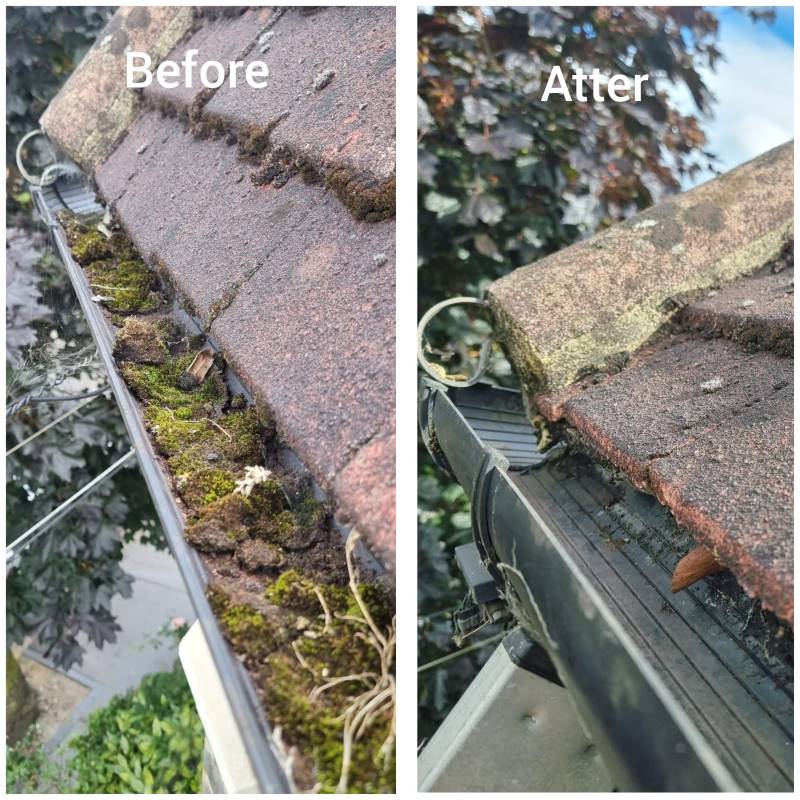 Blocked gutter before and after cleaning in Sutton
